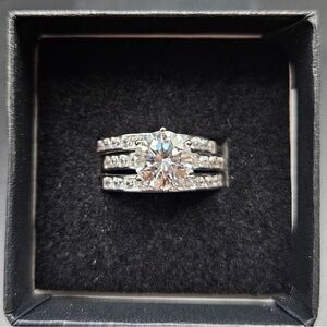 Moissanite Sterling Silver Triple Band Engagement Wedding Set 2 Carat Size 7
